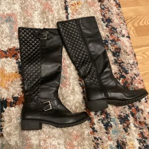 Black quilted calf boots with silver accents